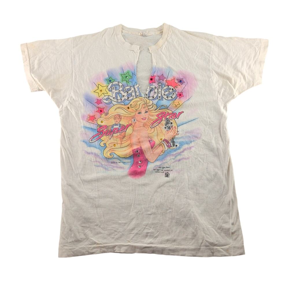 Vintage 1989 Barbie Superstar Alamo Designs V Neck Shirt XL Mattel Kidcore
